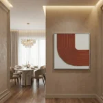 Minimalist hand-painted canvas with bold crimson curved lines and geometric forms, cream and white palette, contemporary dining space