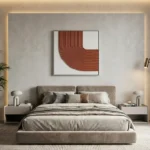 Minimalist hand-painted canvas with curved terracotta lines on cream ground, modern bedroom