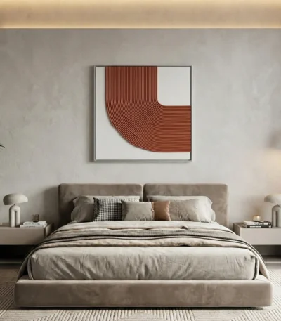 Minimalist hand-painted canvas with curved terracotta lines on cream ground, modern bedroom