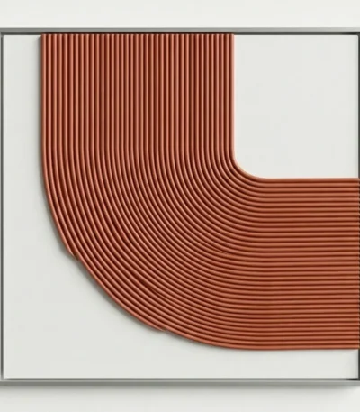 Minimalist hand-painted canvas with flowing terracotta lines creating organic curves against white, contemporary interior