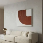 Minimalist hand-painted canvas with curved terracotta line work and gestural striping on cream background, contemporary living space