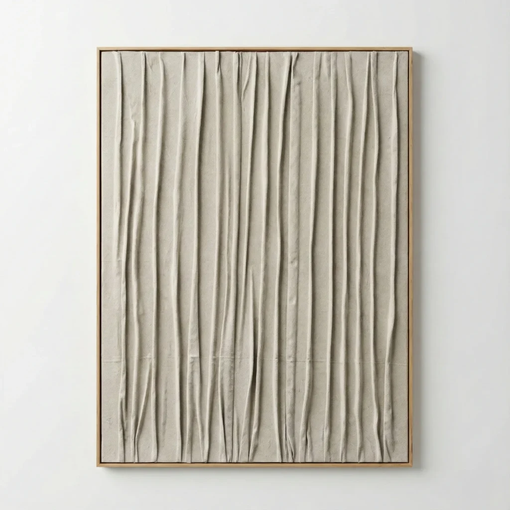 Minimalist hand-painted canvas with vertical pleated linen texture in soft neutral cream tones, contemporary wall space