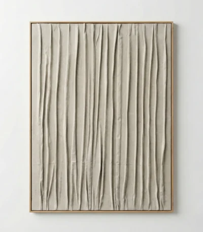 Minimalist hand-painted canvas with vertical pleated linen texture in soft neutral cream tones, contemporary wall space