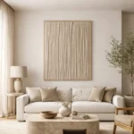 Textured abstract hand-painted canvas with vertical cream and taupe brushstrokes in minimalist style, contemporary living space