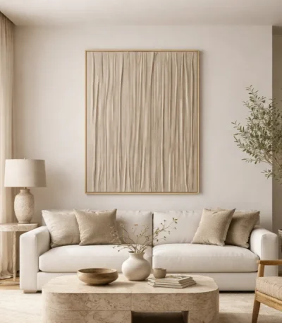 Textured abstract hand-painted canvas with vertical cream and taupe brushstrokes in minimalist style, contemporary living space