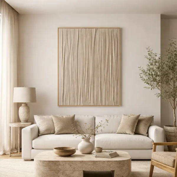 Textured abstract hand-painted canvas with vertical cream and taupe brushstrokes in minimalist style, contemporary living space