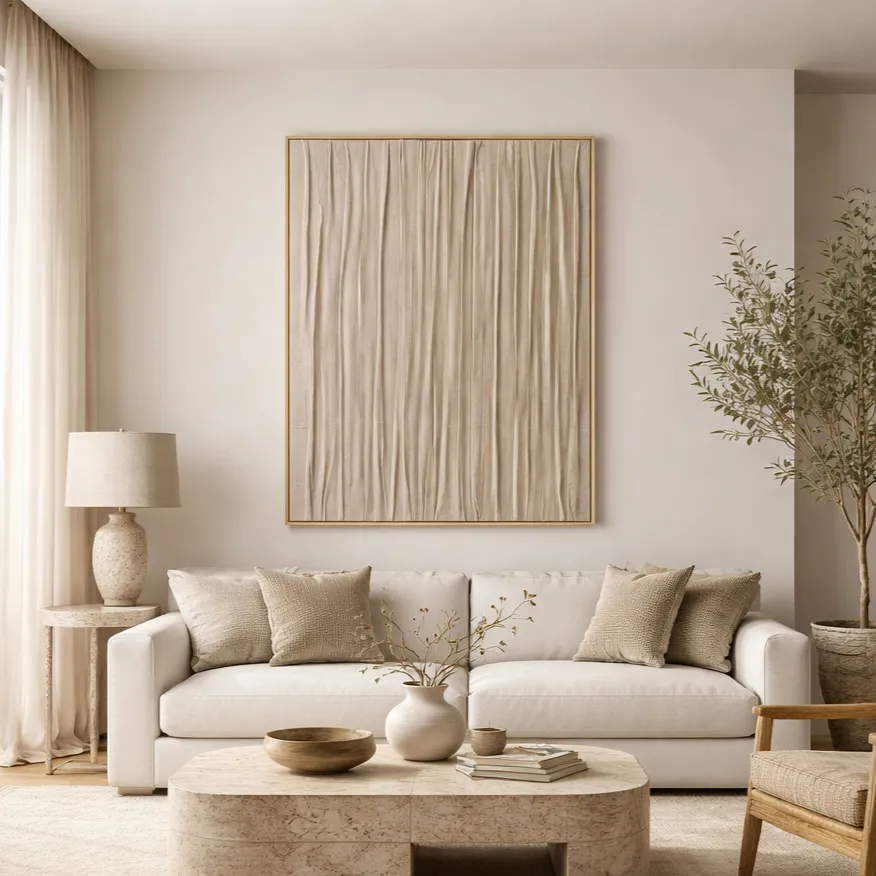 Textured abstract hand-painted canvas with vertical cream and taupe brushstrokes in minimalist style, contemporary living space