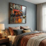 Impressionist hand-painted canvas depicting rainy urban street with glowing storefronts and warm amber reflections, contemporary bedroom setting