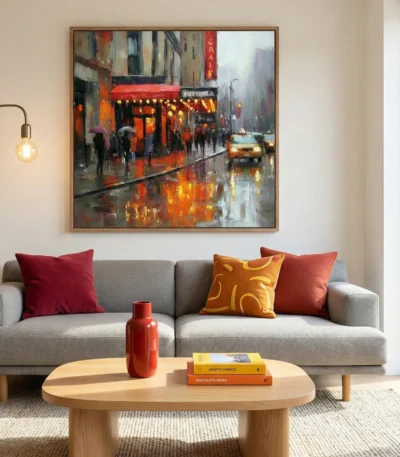 Contemporary impressionist painting depicting rainy urban street with red storefronts and yellow taxi, warm amber and orange palette, modern living space