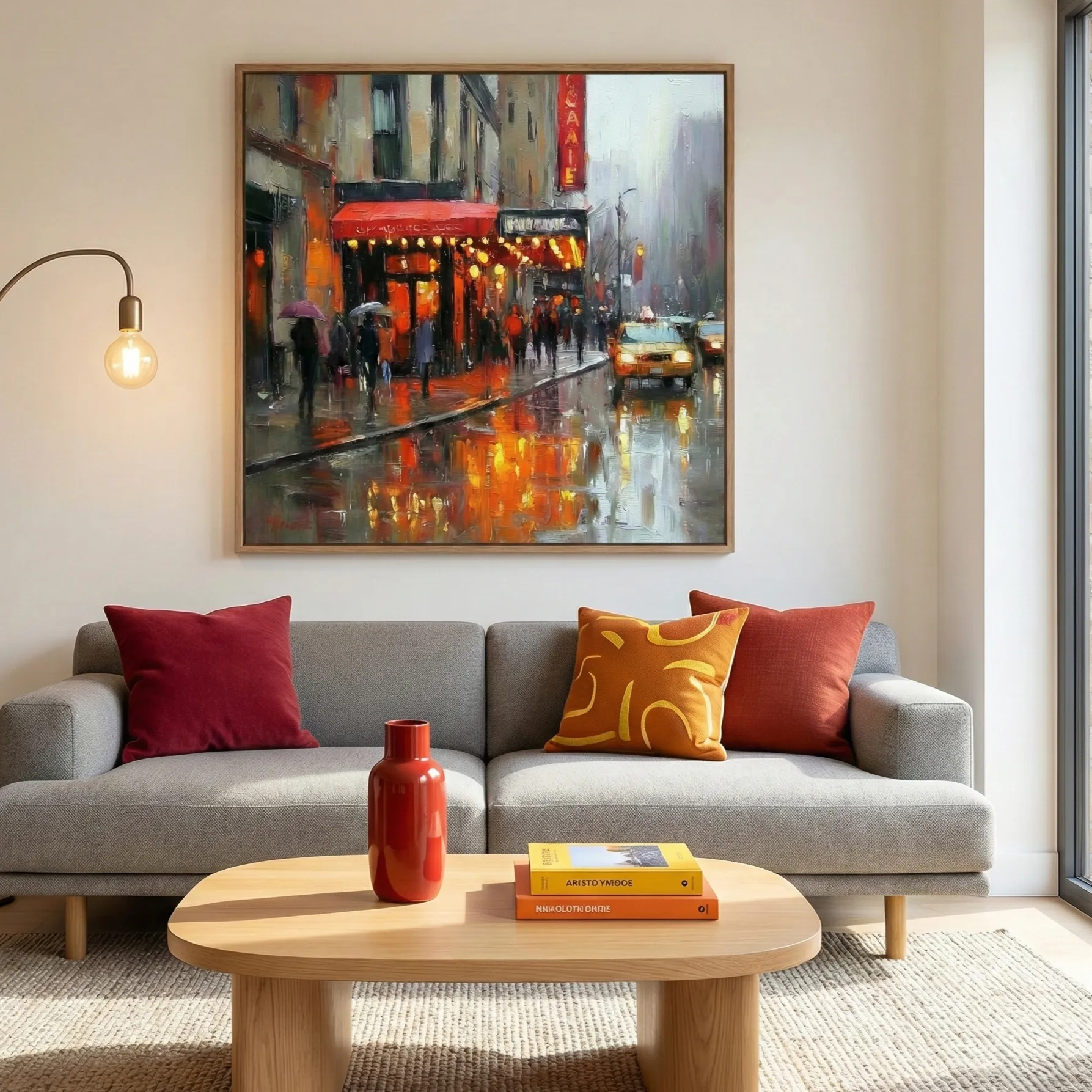 Luminous Cityscape Red awning, blurred city lights Color art wall decor (2) Contemporary impressionist painting depicting rainy urban street with red storefronts and yellow taxi, warm amber and orange palette, modern living space