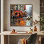 Contemporary impressionist painting of wet urban street with glowing storefront and pedestrians in warm orange and amber tones, styled in modern workspace
