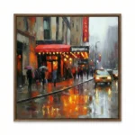 Impressionist hand-painted canvas depicting a rainy urban street with red storefronts, yellow taxi, and umbrellas reflected in wet pavement, warm amber and cool grey tones