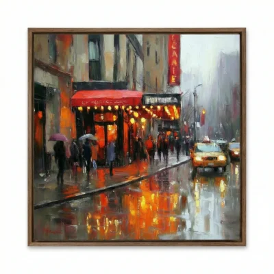 Impressionist hand-painted canvas depicting a rainy urban street with red storefronts, yellow taxi, and umbrellas reflected in wet pavement, warm amber and cool grey tones