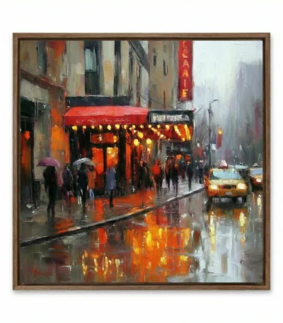 Impressionist hand-painted canvas depicting a rainy urban street with red storefronts, yellow taxi, and umbrellas reflected in wet pavement, warm amber and cool grey tones