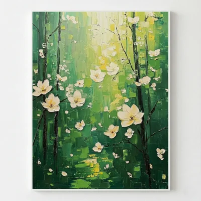 Contemporary hand-painted canvas depicting cream blossoms on dark branches against layered green textured background