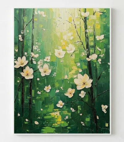 Contemporary hand-painted canvas depicting cream blossoms on dark branches against layered green textured background