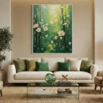 Impressionist hand-painted canvas depicting cream and pale yellow flowering branches against layered green tones, contemporary living space