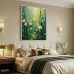 Impressionist hand-painted canvas depicting cascading cream and yellow flowers against layered green foliage, contemporary bedroom