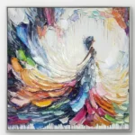 Gestural abstract hand-painted canvas depicting a figure in flowing multicolored dress, vibrant rainbow palette with impasto brushwork