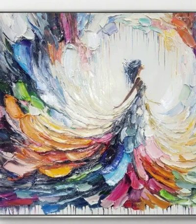 Gestural abstract hand-painted canvas depicting a figure in flowing multicolored dress, vibrant rainbow palette with impasto brushwork