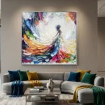 Gestural abstract expressionist hand-painted canvas in vibrant multicolored brushstrokes with dynamic swirling composition, contemporary living space