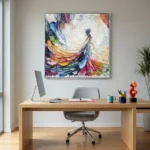 Gestural abstract expressionist hand-painted canvas in vibrant multicolored brushstrokes with dynamic flowing figure, contemporary office space