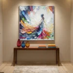 Gestural abstract expressionist hand-painted canvas with dynamic swirling brushstrokes in vibrant rainbow hues, contemporary entryway