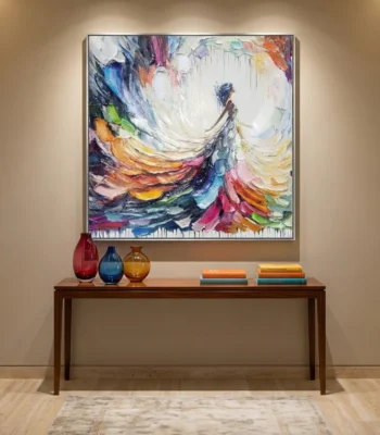 Gestural abstract expressionist hand-painted canvas with dynamic swirling brushstrokes in vibrant rainbow hues, contemporary entryway