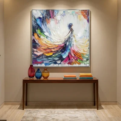 Gestural abstract expressionist hand-painted canvas with dynamic swirling brushstrokes in vibrant rainbow hues, contemporary entryway