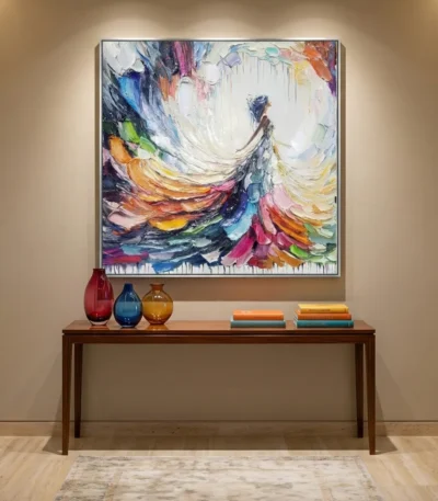 Gestural abstract expressionist hand-painted canvas with dynamic swirling brushstrokes in vibrant rainbow hues, contemporary entryway