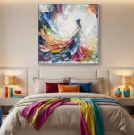 Gestural abstract expressionist hand-painted canvas in vibrant multicolored brushstrokes and layered impasto, modern bedroom setting
