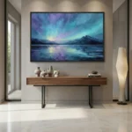 Impressionist hand-painted canvas depicting aurora borealis over snow-capped mountains and reflective lake in purple, turquoise, and gold tones, contemporary entryway