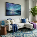 Impressionist landscape hand-painted canvas depicting twilight mountains and reflective lake in purple and teal, contemporary living space