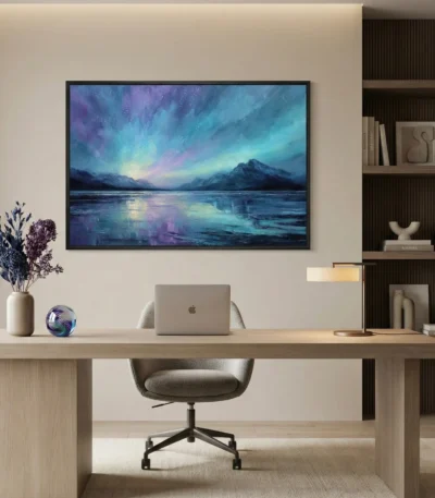 Impressionist landscape hand-painted canvas depicting aurora-lit mountains reflected in icy waters, cool purples and teals, modern workspace