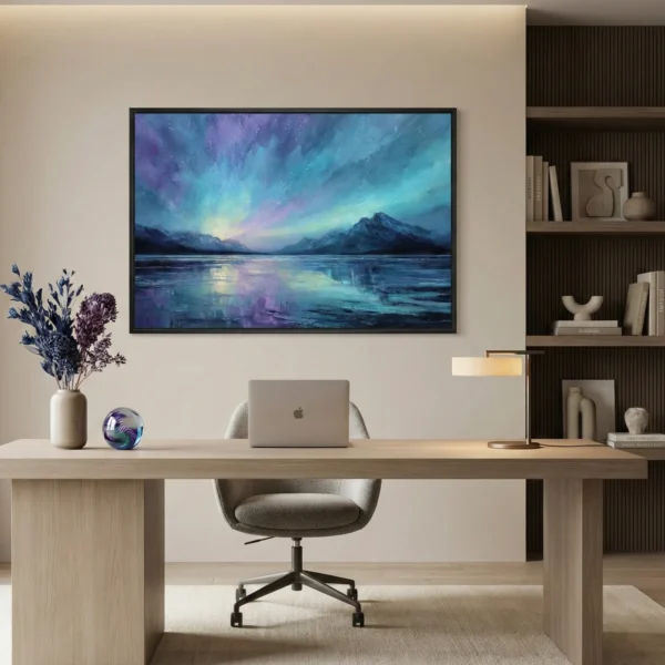 Impressionist landscape hand-painted canvas depicting aurora-lit mountains reflected in icy waters, cool purples and teals, modern workspace