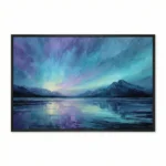 Contemporary landscape painting depicting aurora-lit mountains reflected in frozen lake waters, layered hand-painted canvas in purple, turquoise, and gold tones