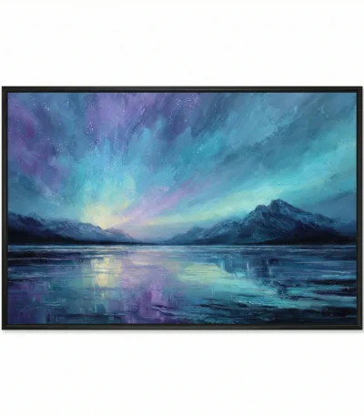 Contemporary landscape painting depicting aurora-lit mountains reflected in frozen lake waters, layered hand-painted canvas in purple, turquoise, and gold tones