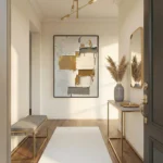 Textured abstract hand-painted canvas in cream, gold, and charcoal with layered gestural marks, contemporary entryway
