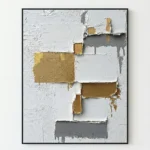 Contemporary abstract hand-painted canvas with layered geometric rectangles in gold, white, and gray tones