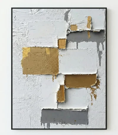 Contemporary abstract hand-painted canvas with layered geometric rectangles in gold, white, and gray tones