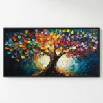 Textured expressionist hand-painted canvas depicting a vibrant tree with multicolored foliage in rich jewel tones against deep blue, contemporary living space