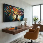 Gestural expressionist hand-painted canvas depicting a vibrant multicolored tree with bold brushstrokes in jewel tones and gold, contemporary workspace