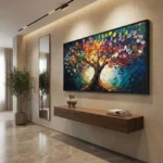 Textured expressionist hand-painted canvas depicting a vibrant tree with multicolored foliage in bold brushstrokes, deep blues and warm earth tones, contemporary living space