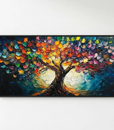 Textured expressionist hand-painted canvas depicting a vibrant tree with multicolored foliage in rich jewel tones against deep blue, contemporary living space