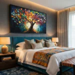 Expressionist hand-painted canvas featuring a vibrant tree with multicolored foliage in oranges, yellows, greens and blues against dark swirling background, modern bedroom