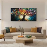 Textured expressionist hand-painted canvas depicting a vibrant tree with multicolored foliage against deep blue and golden tones, contemporary living space