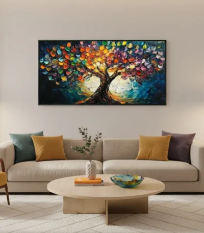Textured expressionist hand-painted canvas depicting a vibrant tree with multicolored foliage against deep blue and golden tones, contemporary living space