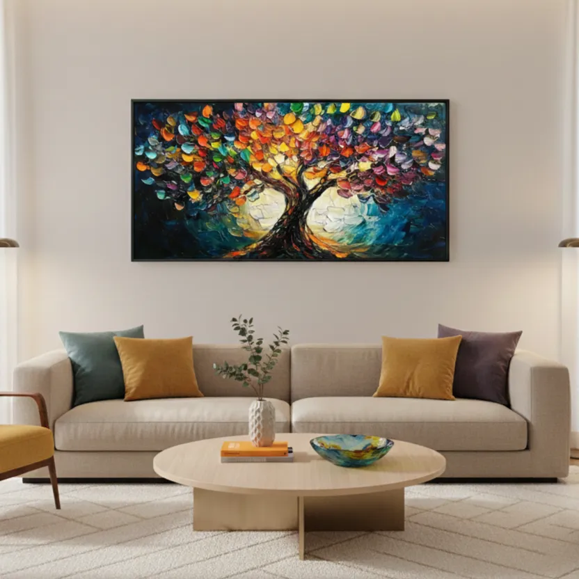 Midnight Canopy Vibrant tree against dark background color wall art 6 Textured expressionist hand-painted canvas depicting a vibrant tree with multicolored foliage against deep blue and golden tones, contemporary living space
