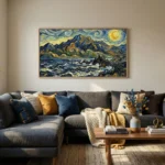 Impressionist hand-painted canvas depicting turbulent seascape with swirling sky, mountains, and golden sun in blues and ochre, contemporary living space