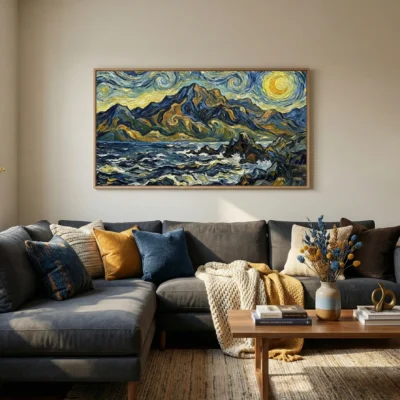 Impressionist hand-painted canvas depicting turbulent seascape with swirling sky, mountains, and golden sun in blues and ochre, contemporary living space